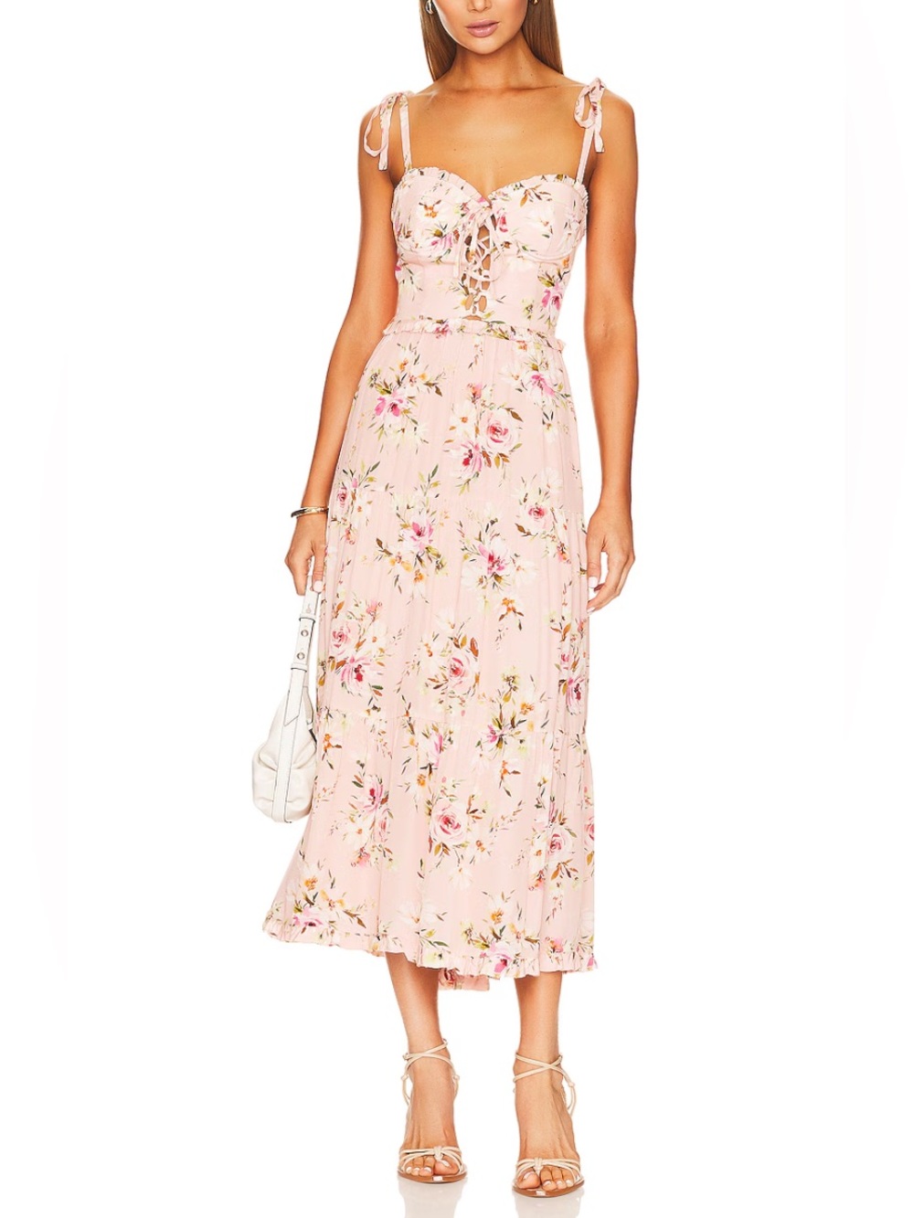 Yumi Kim Pink Floral Midi Dress, Lace-Up Bustier | Revolve